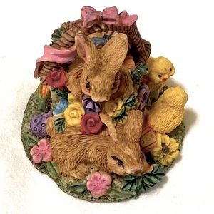 Vintage resin bunny and chicks basket Easter figurine pastels flowers
